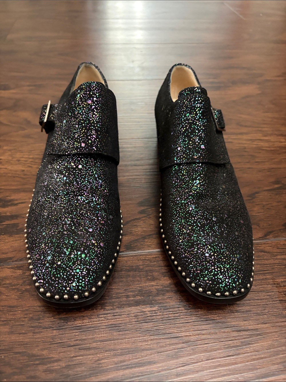 Jimmy Choo Black Iridescent Glitter Studded Loafers